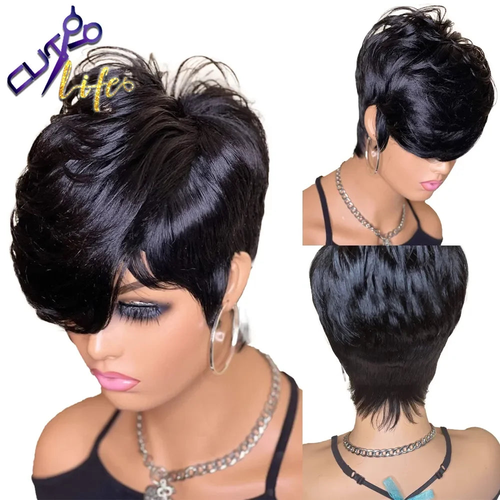 Beauty Short Bob Wavy Wig with Bangs Full Machine Made No Lace Wigs for Women Brazilian Remy Straight Human Hair Pixie Cut Wig