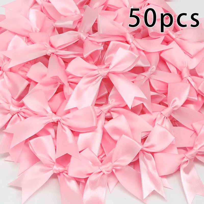 50PCS 85*85Mm Pink Satin Ribbon Bows Decoration Packages Gift Small Flower Bows for Craft Wedding Bow Birth DIY Party Decoration