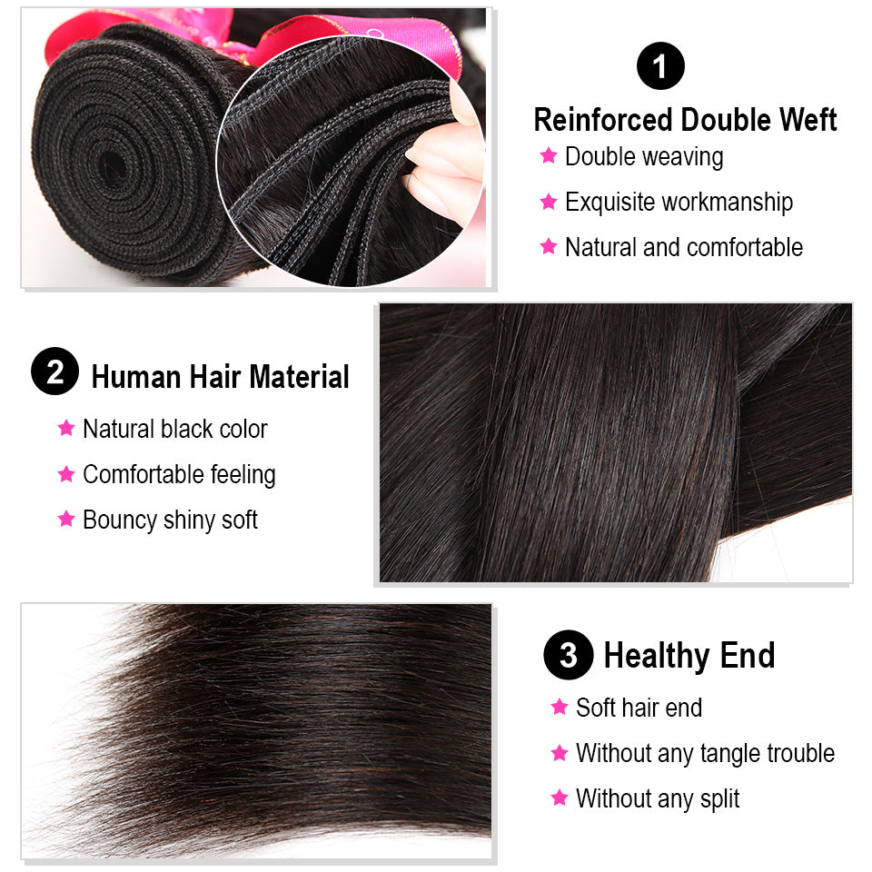 Alipearl Hair Brazilian Straight Hair Weave Bundles High Ratio Human Hair 3 or 4 Bundles Natural Black Remy Hair Extensions