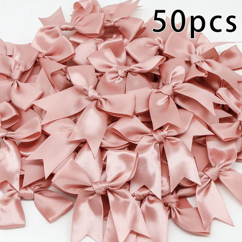 50PCS 85*85Mm Pink Satin Ribbon Bows Decoration Packages Gift Small Flower Bows for Craft Wedding Bow Birth DIY Party Decoration