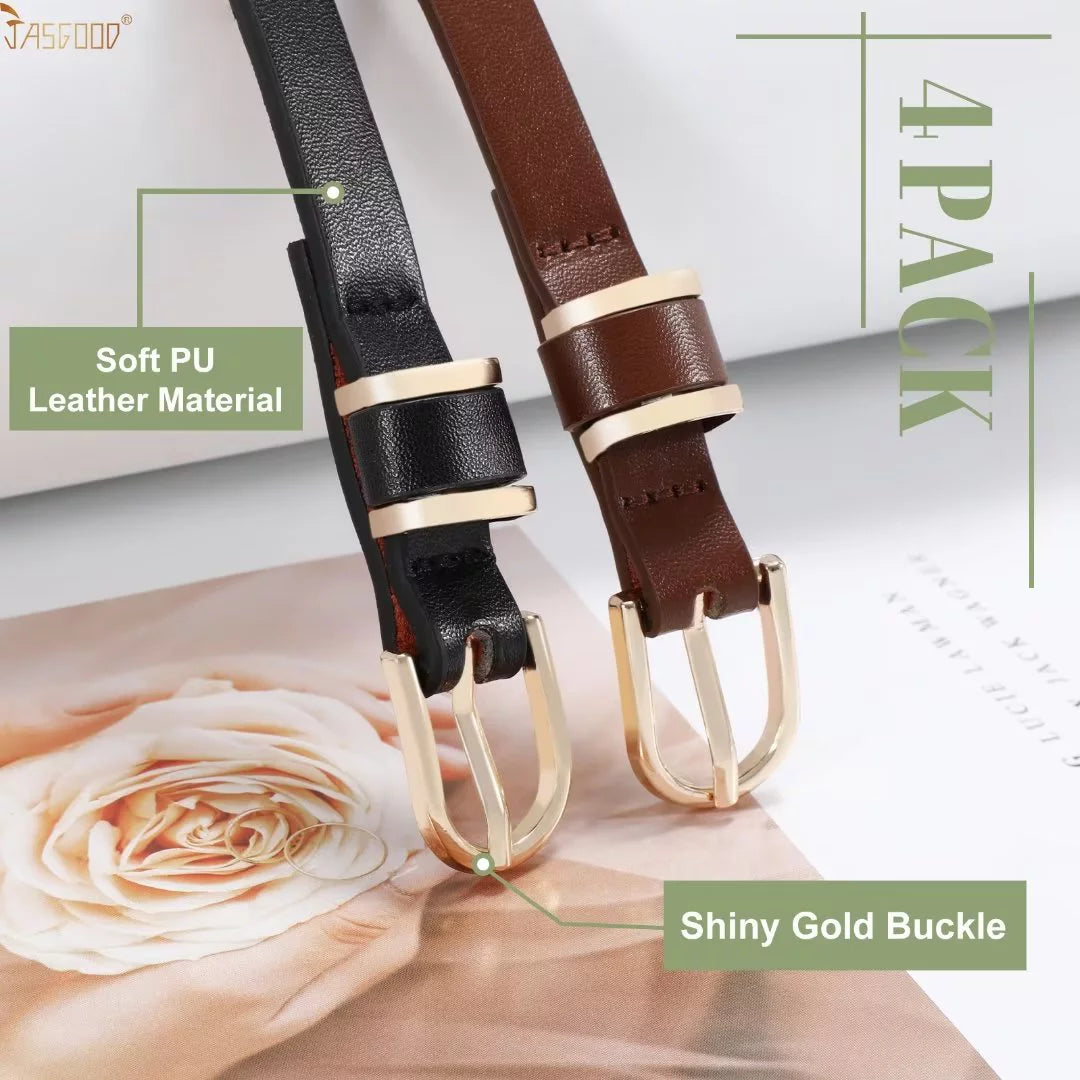 Women'S Skinny Leather Belt for Jeans Pants with Gold Alloy Buckle